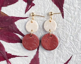 Handmade polymer clay earrings. Embossed floral design. Double circle shape. Stylish earrings for any season. Earrings for a classy lady.