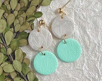Sarah Dangles. Handmade polymer clay earrings. Embossed floral texture. Stylish earrings. Earrings for a classy lady. Statement earrings.