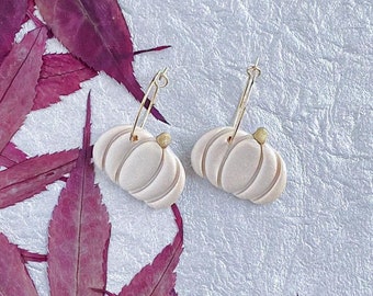 Pumpkin Hoops pearl white. Handmade polymer clay earrings. Pumpkin earrings for autumn. Cute fall earrings. Lightweight earrings.