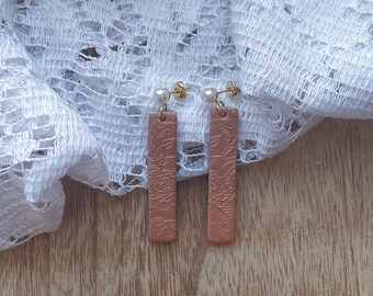 Handmade polymer clay earrings. Sleek skinny rectangle shape. Embossed roses design. Pearl post. Statement earrings. Classy earrings.