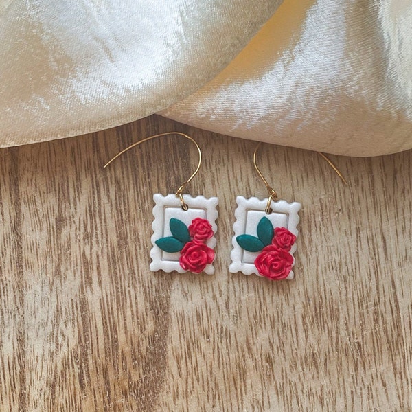 Handmade polymer clay earrings. Postage stamp shape with roses. Earrings for a classy lady. Stylish earrings for any season. Red roses.