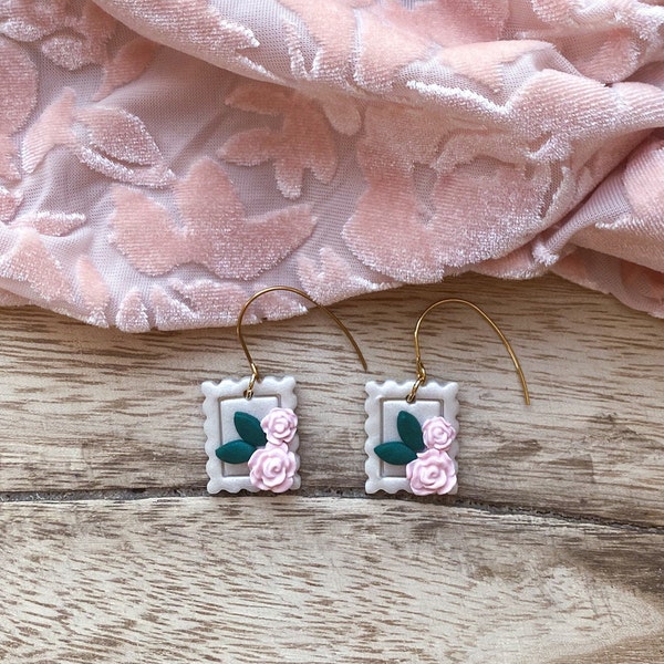 Handmade polymer clay earrings. Postage stamp shape with roses. Earrings for a classy lady. Stylish earrings for any season. Pink roses.