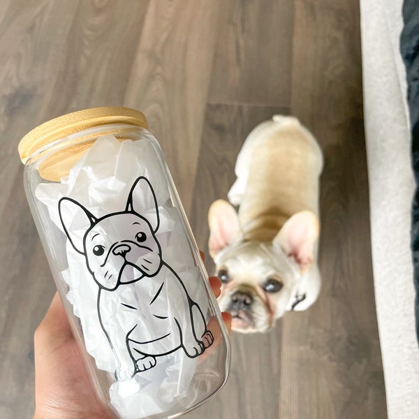 Frenchie Glass Cup, French Bulldog Cup, Glass Cup with Straw, Custom French Bulldog Cup, Frenchie Cup