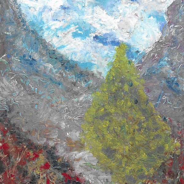 Giclée 4”x5.3” Impressionist Mountainside Landscape High Gloss Photographic Paper Photo Art Print Oil Pastel Mixed Media Painting Home Decor