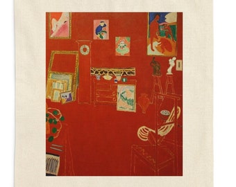 Puede incluir: Una bolsa de tela con fondo rojo y una pintura de una habitación con muebles y obras de arte. La pintura es de Henri Matisse.
