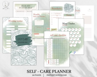 Könnte beinhalten: Ein druckbarer Selbstpflege-Planer mit grünem Aquarellhintergrund und dem Titel "Self-Care Planner 2023". Der Planer enthält Seiten für eine Morgenroutine, monatliche Selbstpflege-Praxis, Grenzen, Therapie, Stimmungs-Tracker, Notizen und eine Selbstpflege-Checkliste.