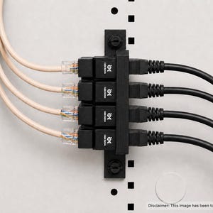 May include: A black network cable coupler mount holding four black Ethernet cables on the right and four beige Ethernet cables on the left. Each coupler features the Cable Matters logo and text. The assembly is secured with two black screws.