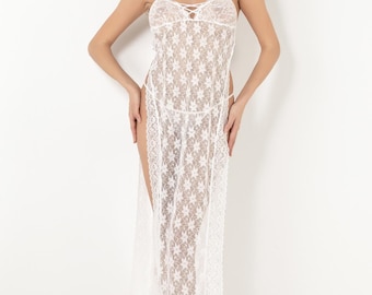 Elegant Lace Nightgown With Deep Slits - Special Design For Romantic Night