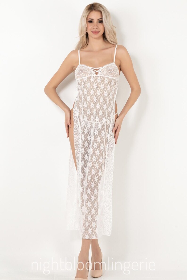 Romantic Sheer Lace Bodycon Halter High Slit Maxi Nightgown - ED