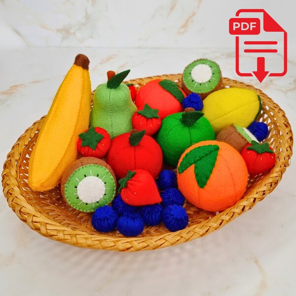 Felt Food 3D Fruit Playset PDF y SVG Patrón de costura - naranjas, manzanas, plátanos, kiwi, lima, fresa, perfecto para principiantes