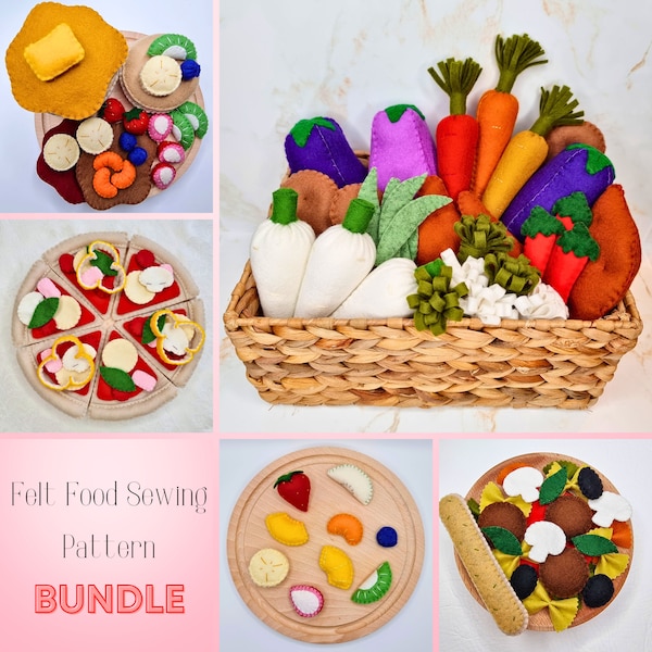 Lot de jouets en feutre PDF, patron de couture MEGA BUNDLE - pizza, fruits, légumes, pâtes et crêpes, parfait pour les débutants, avec tutoriel photo