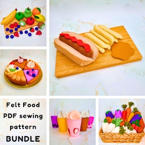 May include: A collection of felt food items including various fruits, a hot dog with chips, a sliced cake, boba tea cups, and a basket of vegetables. The text reads Felt Food PDF sewing pattern BUNDLE. These items are crafted from felt fabric.