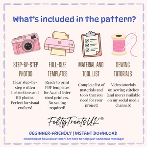 May include: An informational graphic titled What's included in the pattern? featuring icons of a pink camera, printer, clipboard, and spool of pink thread with a needle. Text details step-by-step photos, full-size templates, material lists, and tutorials.