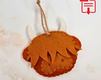 Felt Highland Cow PDF Sewing Pattern, easy beginner friendly Wee Coo hanging ornament, DIY fridge magnet pattern