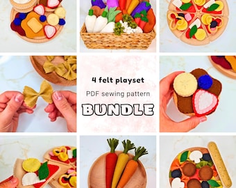 フェルトフードソーイングパターン4点セット：ピザ、パスタ、野菜、パンケーキ（PDF）