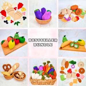 May include: A collection of felt food items, including fruits, vegetables, bread, and pizza slices. The image features a variety of colorful, handmade items, such as a banana, kiwi, and eggplant. The text "BESTSELLER BUNDLE" is displayed in the center.