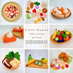 Zestaw 5 wzorów do szycia zestawu do zabawy z jedzeniem z filcu: łatwy projekt do szycia igłą (PDF)