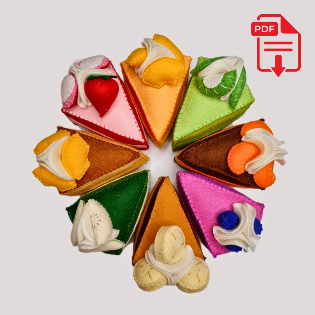 Felt Cake Slice & Fruit PDF Pattern BUNDLE, Easy Beginner Friendly Kids