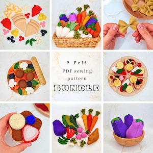 4 felt food sewing pattern bundle: easy DIY pretend grocery toys for kids (PDF)
