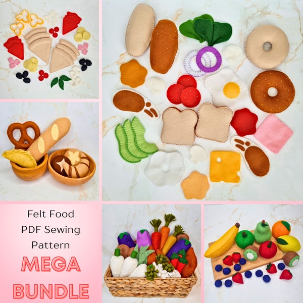 Ensemble de jeu de nourriture en feutre PDF MÉGA BUNDLE - pain, fruits, légumes, pizza et sandwich en 3D, modèles faciles et adaptés aux débutants