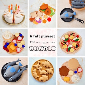 May include: A 6 felt playset PDF sewing pattern bundle featuring various food items including a cake with candles, sandwich ingredients, fish in a pan, breakfast items, pizza slices, dinosaur shapes, and assorted pastries on wooden plates.