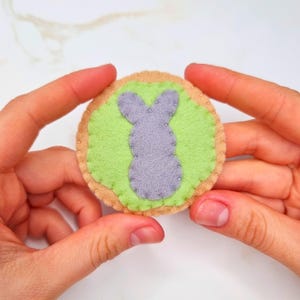May include: A felt Easter bunny cookie with a light green background and a grey bunny silhouette. The cookie is surrounded by a tan felt border.