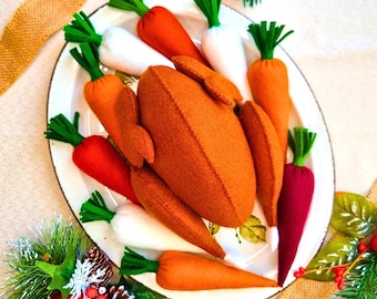 Felt Thanksgiving roast turkey PDF sewing pattern, rustic needle craft centerpiece , festive kids food roleplay, handmade Christmas gifting