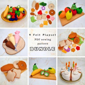 May include: A collection of felt food items including fruits, vegetables, breakfast foods, pastries, and cake slices, presented as a 4 Felt Playset PDF sewing pattern bundle. The set features various soft, stitched fabric shapes in vibrant colours.