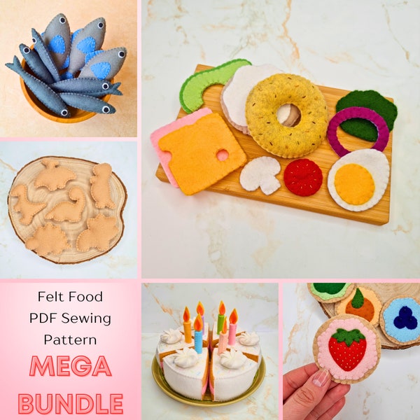 Felt Food Playset PDF Sewing Pattern MEGA BUNDLE - bagel sandwich, fish, sardines, dinosaur nuggets, birthday cake slice and fruit biscuits