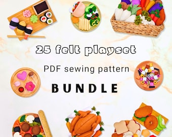 May include: A collection of felt food toys, including sushi, tacos, pizza, and a Thanksgiving turkey, arranged on a light-colored surface. The image includes the text "25 felt playset PDF sewing pattern BUNDLE."