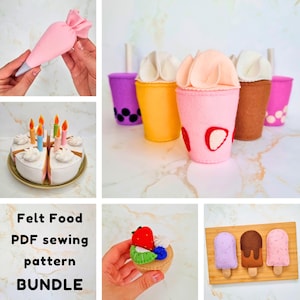 May include: A collection of handmade felt food items, including a pink piping bag, a birthday cake with candles, colorful bubble tea cups, a fruit tart, and popsicle-shaped treats. The image also includes the text "Felt Food PDF sewing pattern BUNDLE."