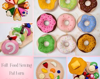 Felt Food Cake PDF Sewing Pattern & Tutorial MEGA BUNDLE - Swiss Rolls, pancakes, cake slices, fruit salad and donuts, perfect for beginners