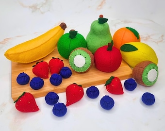 Patrón de costura de frutas en fieltro 3D: Plátano, fresa, arándano, manzana, limón, naranja, pera (PDF)