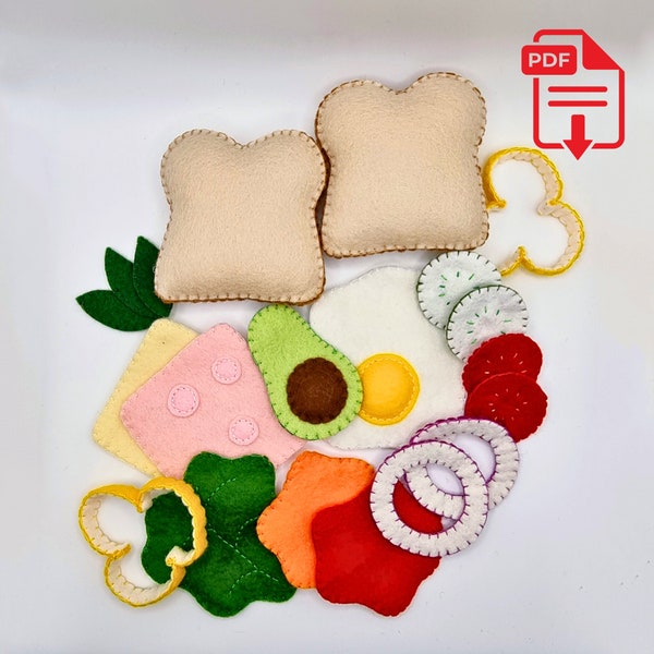 Sandwich Playset PDF Sewing Pattern + Tutorial for Wool Felt, easy beginner friendly felt food playset pattern, perfect for pretend play