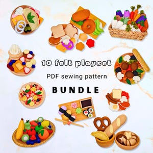 Puede incluir: Un conjunto de 10 patrones de costura en PDF para juguetes de fieltro que incluye varios alimentos de fieltro hechos a mano, como frutas, verduras, sushi, pizza, sándwiches y desayunos dispuestos en cestas, cuencos y tablas de madera.