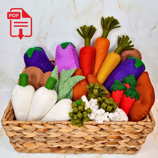 Felt Vegetable PDF Sewing Pattern & Tutorial (11 vegetables), easy and beginner friendly realistic 3D wool felt vegetables for pretend food