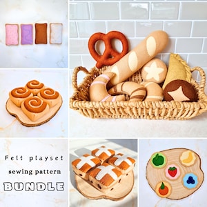 May include: A collection of felt food items including toaster pastries, cinnamon rolls, a woven basket filled with a pretzel, baguette, croissant, and star-shaped bread, hot cross buns, and fruit-topped cookies, with text reading Felt playset sewing pattern BUNDLE.