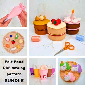 May include: A selection of felt food items, including cakes, fruit, and drinks. The image also shows a pink piping bag, spools of thread, scissors, and a wooden board with felt food. Text reads "Felt Food PDF sewing pattern BUNDLE."