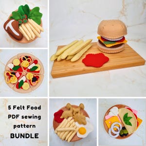 Patrón de costura en PDF de comida rápida de fieltro MEGA PAQUETE: cena de bistec, nuggets de dinosaurio, tortilla, pizza y hamburguesa, manualidades de fieltro fáciles para principiantes