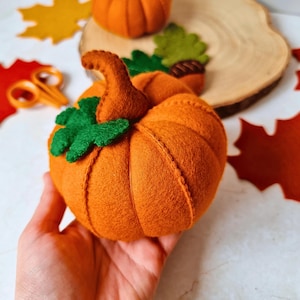 Puede incluir: Una calabaza de fieltro naranja hecha a mano con un tallo marrón curvado y una hoja de fieltro verde brillante en la parte superior. La calabaza tiene costuras visibles a lo largo de sus segmentos, creando una apariencia redondeada y texturizada.