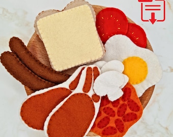 English Breakfast PDF Sewing Pattern and Tutorial - bread, baked beans, fried egg, sausages, bacon, easy beginner diy felt food for kids