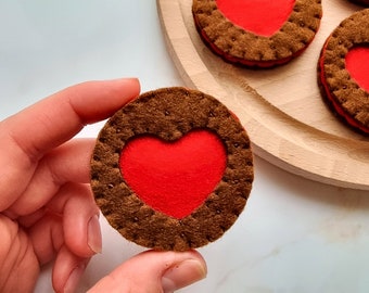 3 Chocolate Jam Heart Biscuits (100% wool felt) for kids pretend play kitchen, bakery, shop, gifting and roleplay