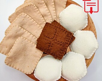 Felt S'mores PDF sewing pattern and tutorial, easy beginner friendly felt food sewing pattern for kids pretend camping and gifting