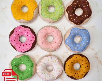 Donut PDF Sewing Pattern and Tutorial, super easy beginner felt food pattern for kids pretend play kitchen, roleplay, gifting