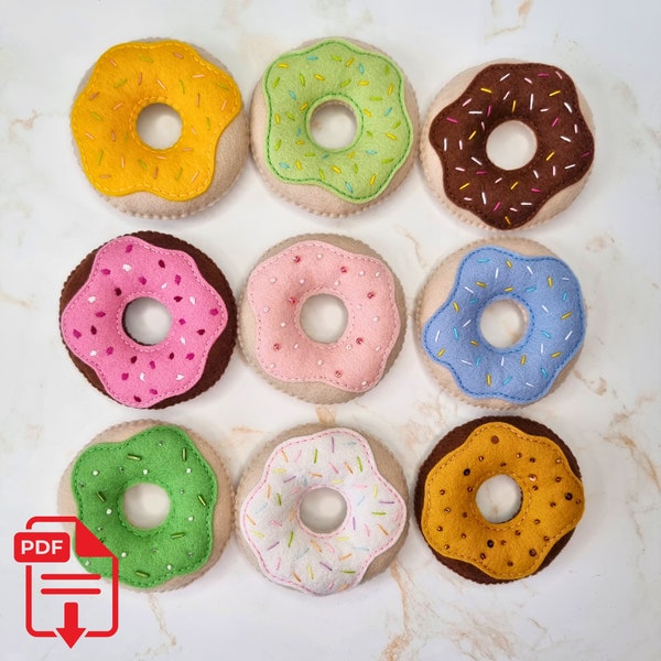 Donut PDF Sewing Pattern and Tutorial, super easy beginner felt food pattern for kids pretend play kitchen, roleplay, gifting