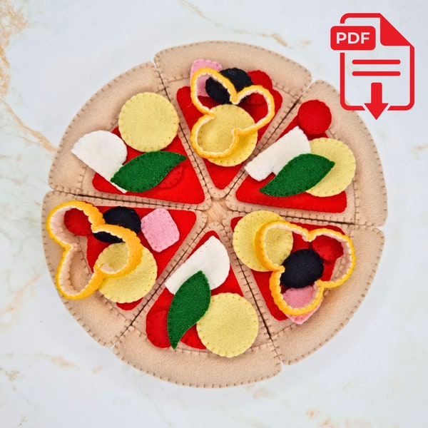 Ensemble de jeu de pizza en feutre PDF Patron de couture et tutoriel, patrons d'aliments faciles en feutre pour débutants et enfants, pizza personnalisée avec garniture