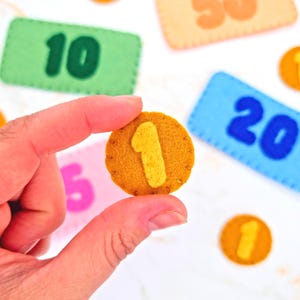 Filz Spielgeld PDF Schnittmuster mit Anleitung, einfaches anfängerfreundliches Schnittmuster, Aktivitäten vor der Schule, Aktivitäten im Kinderspielladen Kassierer Geld