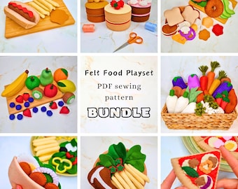 May include: A collection of felt food toys, including a hot dog, cakes, sandwiches, fruits, vegetables, and pizza. The image also includes the text "Felt Food Playset PDF sewing pattern BUNDLE". The toys are colorful and designed for play.
