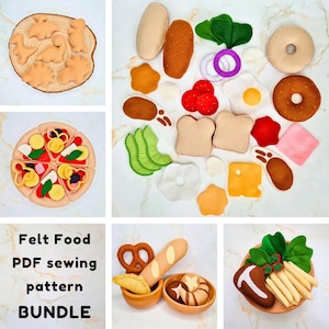 PAQUETE de patrones de costura en PDF para juego de comida de fieltro: pizza, sándwich, nuggets de dinosaurio, pan, filete de res y papas fritas fáciles y amigables para principiantes.