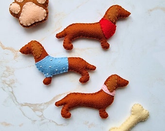 Felt Dachshund Ornament Sewing Pattern - sausage dog, pawprint and bone (PDF)